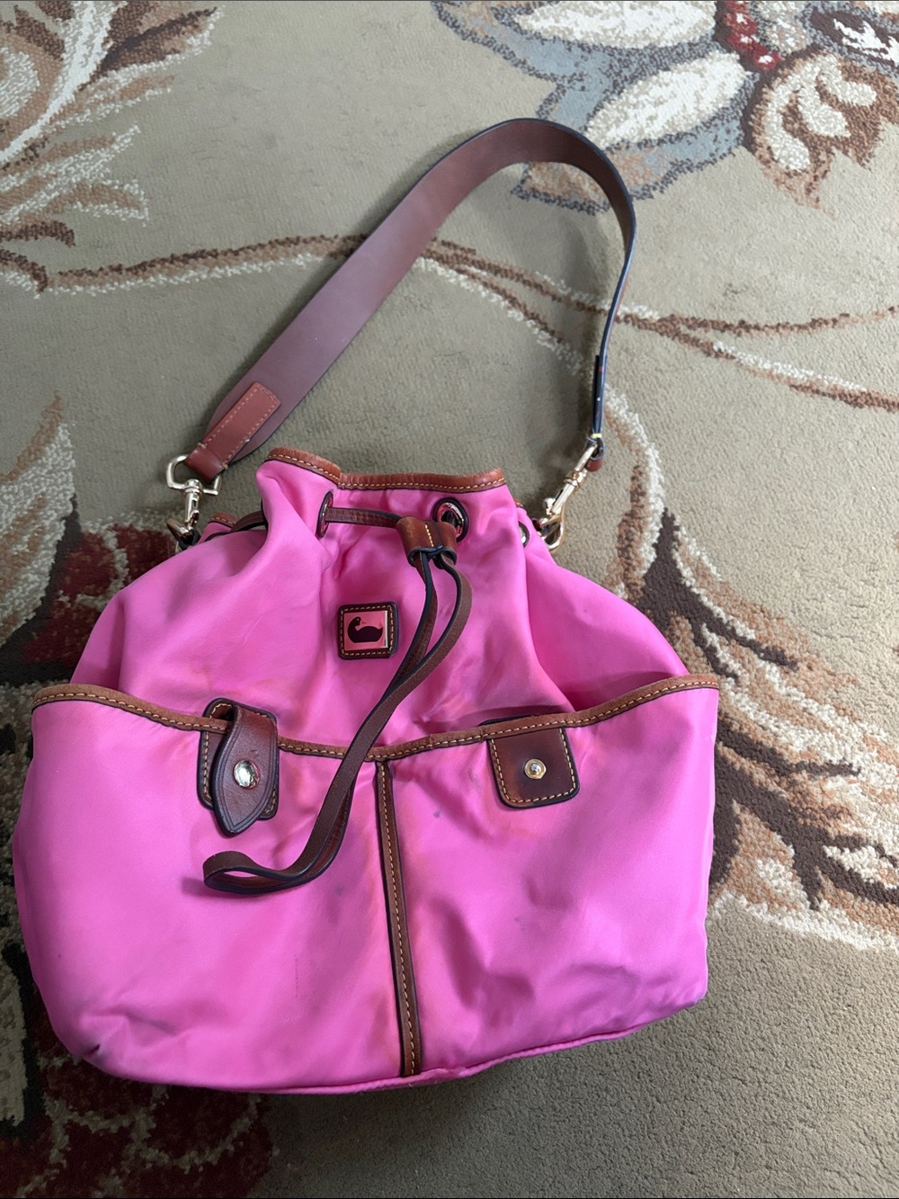 Dooney & Bourke Pink Drawstring Shoulder Bag with Brown Trim